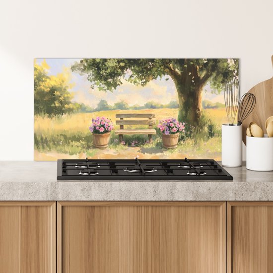 Spatscherm keuken 80x40 cm - Kookplaat achterwand Houten bankje - Bloempotten - Landschap - Muurbeschermer - Spatwand fornuis - Hoogwaardig aluminium