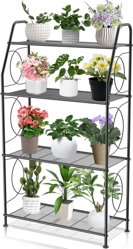4-Laags Plantenrek Voor Binnen En Buiten Zware Metalen Hoge Plantenstandaards Houderrek Voor Woonkamer Balkon En Tuin Zwart