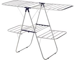 2-Tier Stainless Steel Clothes Dryer Rack with Adjustable Height Wings - Freestanding for Socks, Bed Linen, Clothing - Foldable and Stable - Blue - 156 x 61 x 113 cm