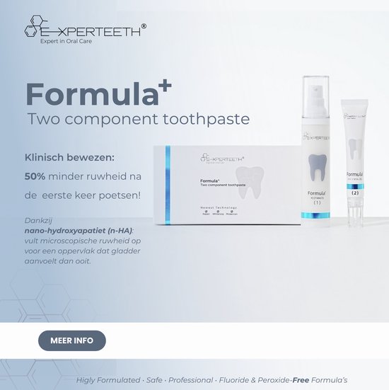 Productfoto van Experteeth Formula+, tweeledige tandpasta, met de claim 'klinisch bewezen: 50% minder ruwheid'.