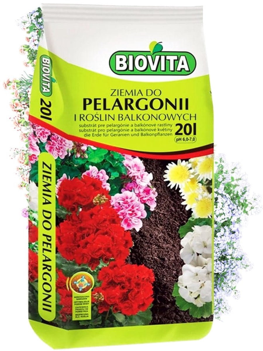 Biovita - Potgrond voor Geraniums en Balkonplanten - 20L - Micro- en Macro-elementen - Perliet Toevoeging