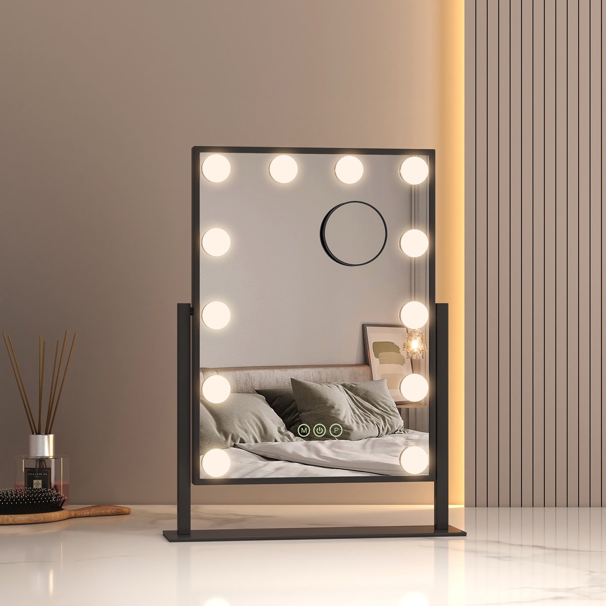 EMKE Make Up Spiegel met Verlichting - 360° Draaibaar - 3 Lichtstanden - Touch & Dimbaar - 7x Vergroting - Verticaal - Zwart - 47.5x36.5cm