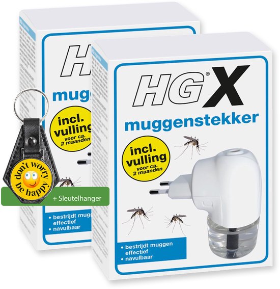 Twee witte HGX muggenstekkers met gele cirkels met "incl. vulling voor ca. 2 maanden". Inclusief sleutelhanger met "don't worry be happy".