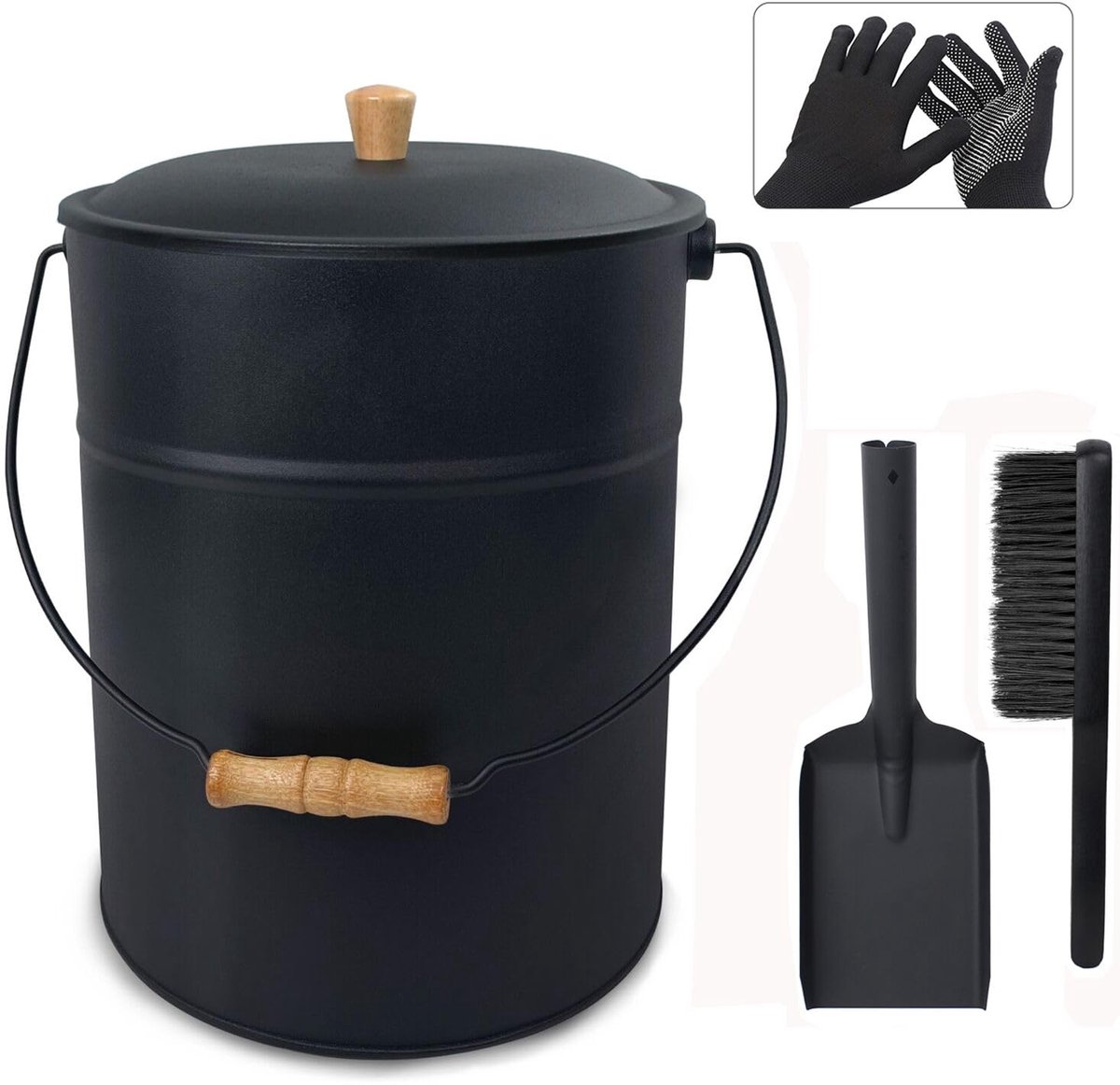 Ronde kool-emmer met deksel - 15L houtkachel-accessoires - inclusief schepel en handbezem