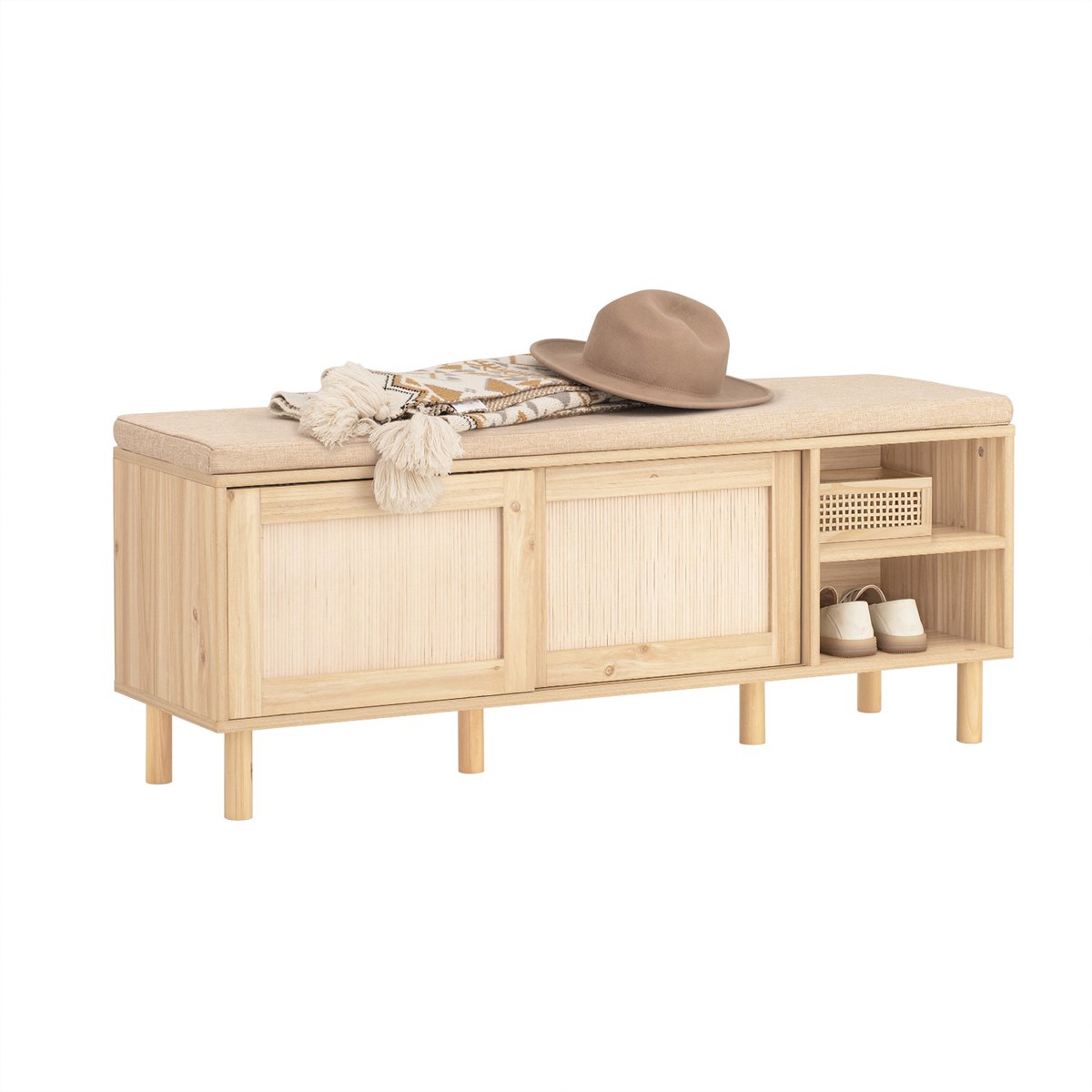 SoBuy Schoenenbank - Schoenenkast met Gewatteerd Kussen en 2 Schuifdeuren - Opbergbank Opbergkast voor Ingang, Slaapkamer - 121x35x49 cm, Hout Kleur, FSR163-N Naturel