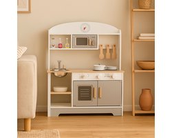 Maxx kidz - Houten Speelgoed Keuken - Complete Speelkeuken - Wit Keukentje - Stevige Kinderkeuken met Accessoires - Speelgoedkeuken met Pannetjes en Bestek