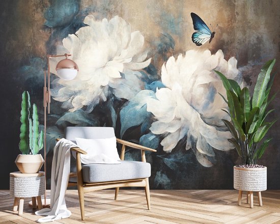 WALLARENA - Fotobehang - 300x210 cm - grote pioenrozen op beton voor slaapkamer en woonkamer