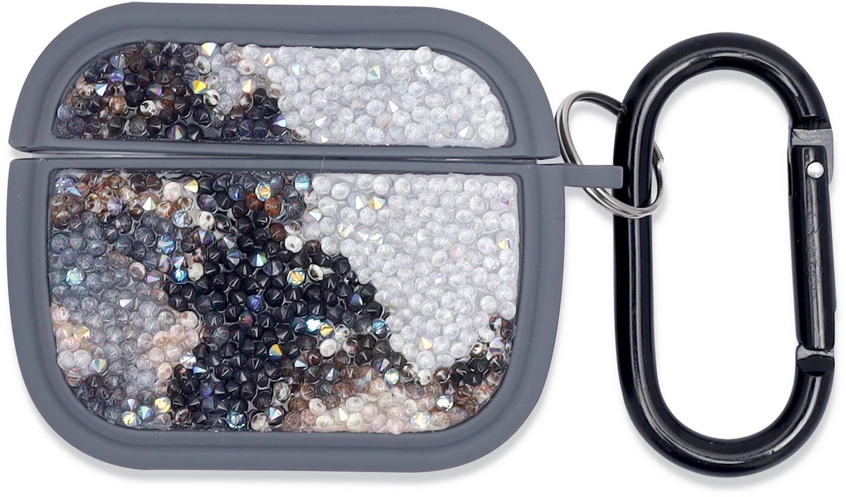 Casemania Hoesje Geschikt voor Apple AirPods 3 - Grijs - Diamant Marmer Glitter Cover met Ring en Sleutelhanger