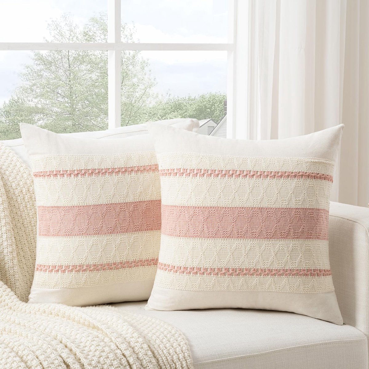 Ibenzoa® Bohemien Kussenslopen Set van 2, Roze Decoratieve Linnen Kussenhoezen voor Bank en Slaapkamer