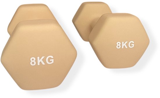 Twee beige 8kg hex-dumbbells op een witte achtergrond.