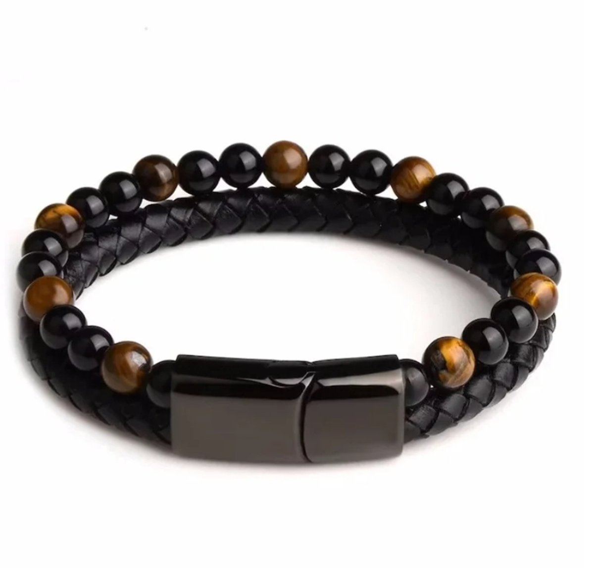 Actie4you® - Armband Heren - Kralensteen met Zwart en kleurkralen - Leer en RVS - 21 cm - Armbandje Mannen