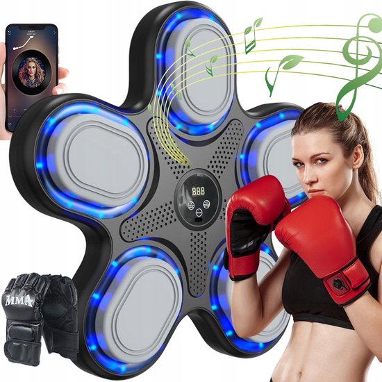 Boksmachine - Zwart - Met LED-lichteffecten - 9 snelheden - Wandmontage - Bluetooth-muziekweergave - Wordt geleverd met bokshandschoenen