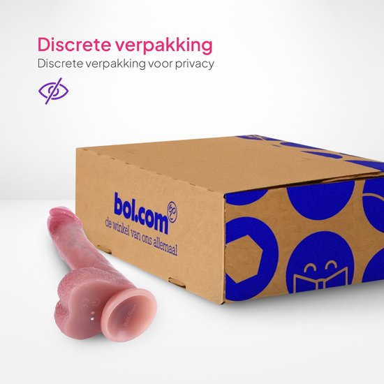 Roze dildo vibrator naast een discrete verpakking van bol.com.