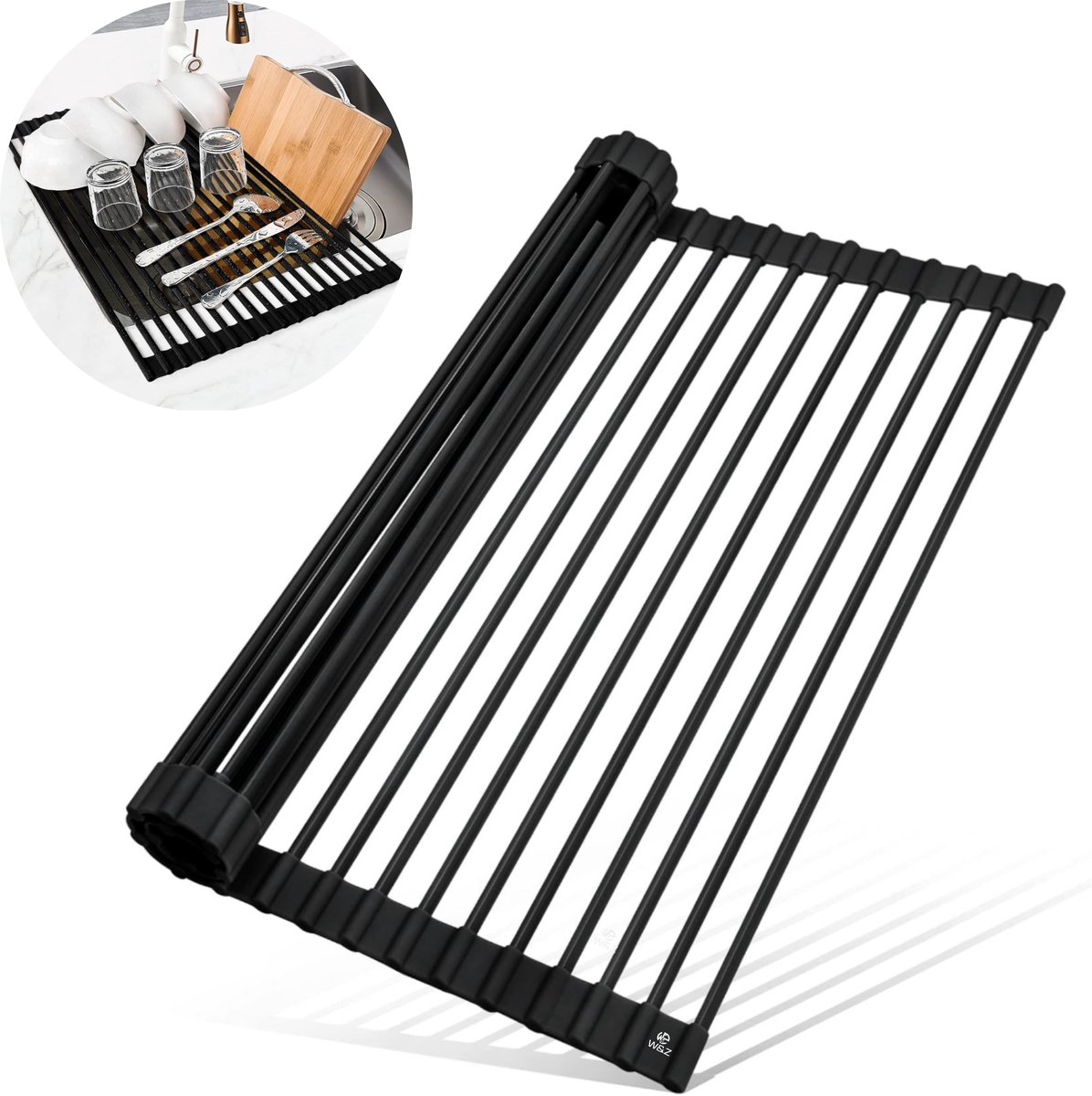W&Z Afdruiprek Oprolbaar 43 x 33 cm - Hittebestendig Onderzetter - Afdruipmat - Pannenonderzetter - Gootsteenmat - Zwart