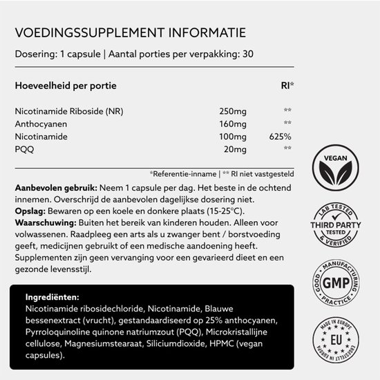 Voedingssupplement informatie: 1 capsule per dag, 30 porties. 250mg Nicotinamide Riboside, 160mg Anthocyanen, 100mg Nicotinamide, 20mg PQQ.