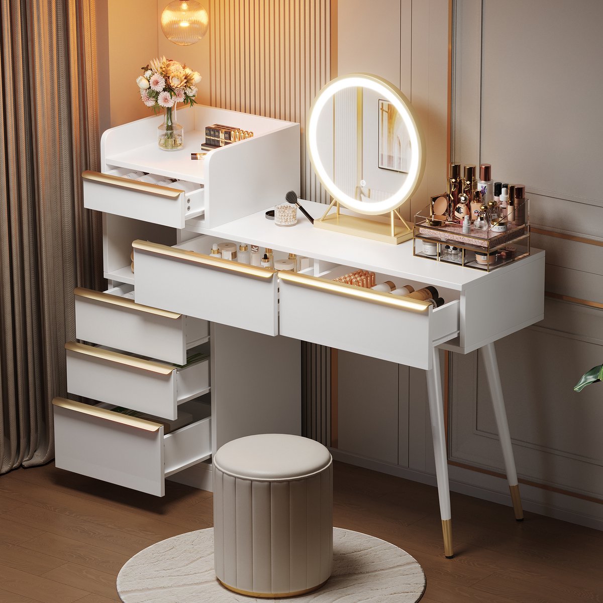 Dressoir met uitschuifbaar blad - 6 lades en gouden handgrepen - LED spiegel met dimbaar licht - wit - 102 x 100 x 41,5 cm - exclusief krukje