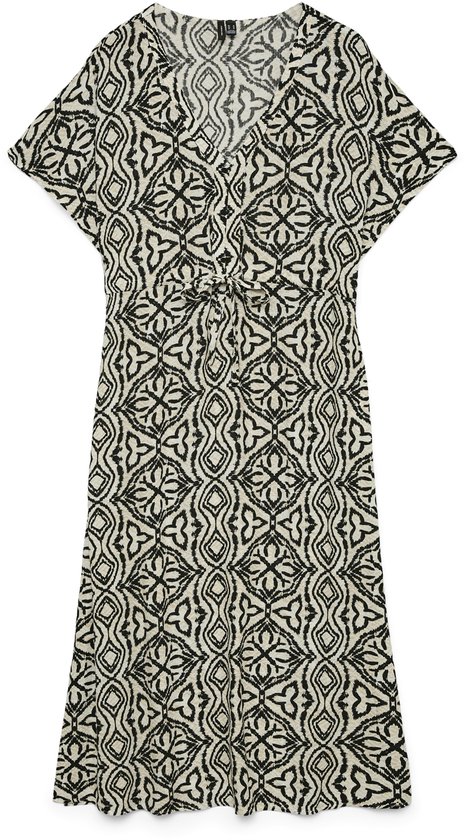 Maxi robe à manches courtes et col en v, avec un motif géométrique noir et blanc et une ceinture à nouer.