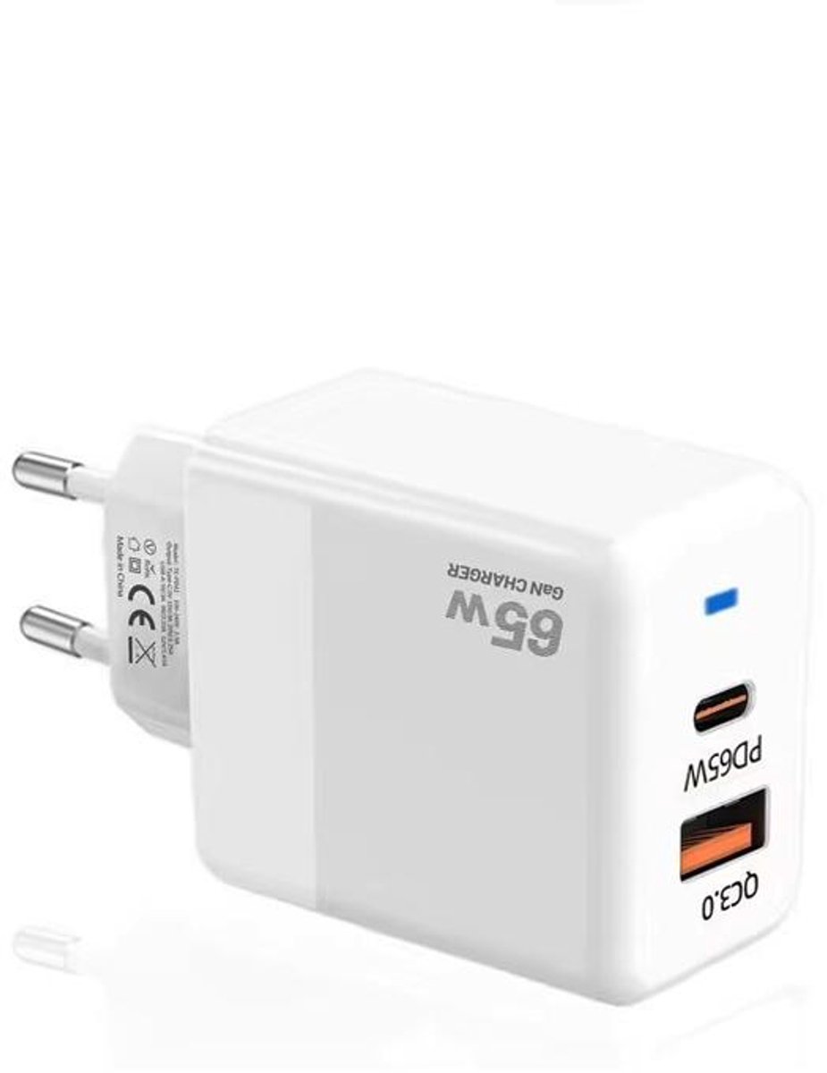 65W GaN Snellader - PD 45W + QC3.0 USB - Dual-Port Oplader Adapter voor Laptop, Tablet & Smartphone - wit
