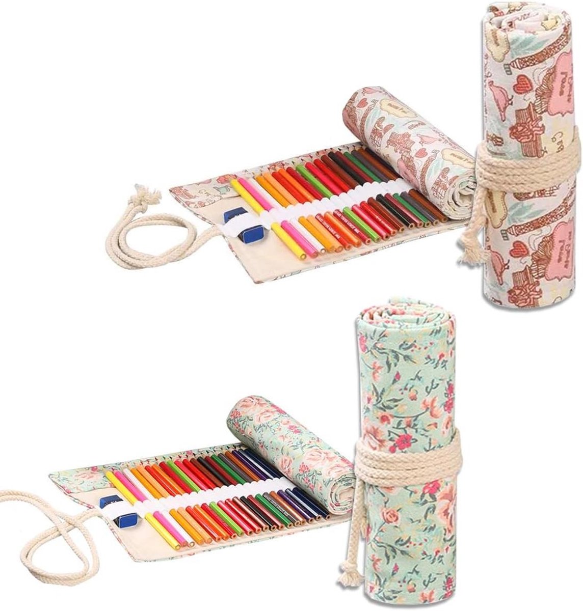 JGS Premium - Set van 2 linnen rolmapjes met 36 gaten en kleurpotloden - Bloemen bloesem design