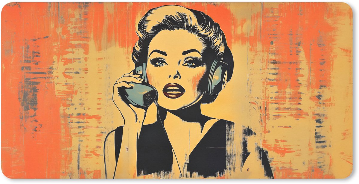 Muismat XXL 100x50 cm - Bureau onderlegger - Bureau mat Retro - Vrouw - Koptelefoon - Oranje - Bureaumat - Gaming mousepad xl - Bureaulegger groot - Computer deskmat