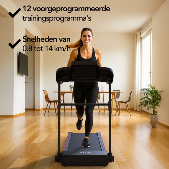 Vrouw op een zwarte loopband met de tekst "12 voorgeprogrammeerde trainingsprogramma's" en "Snelheden van 0.8 tot 14 km/h".
