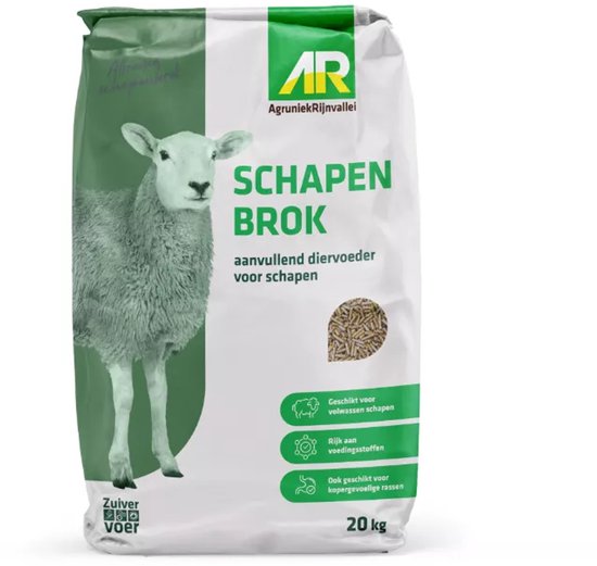 Zak schapenbrokken van 20kg van het merk AgruniekRijnvallei, met een afbeelding van een schaap.