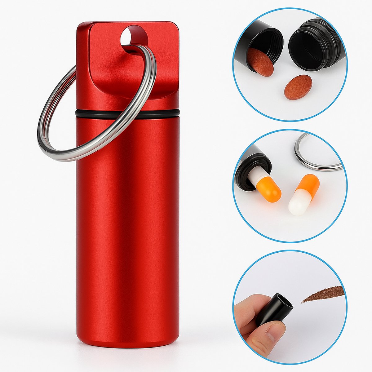 Goedkoopste Luxe Pillendoosje Sleutelhanger I Medicijn doosje I Pil Box I Pillenkoker | Aluminium I Waterdicht I Rood
