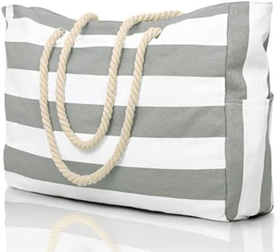 Grand sac de plage rayé gris et blanc avec d'épaisses anses en corde et des poches latérales.
