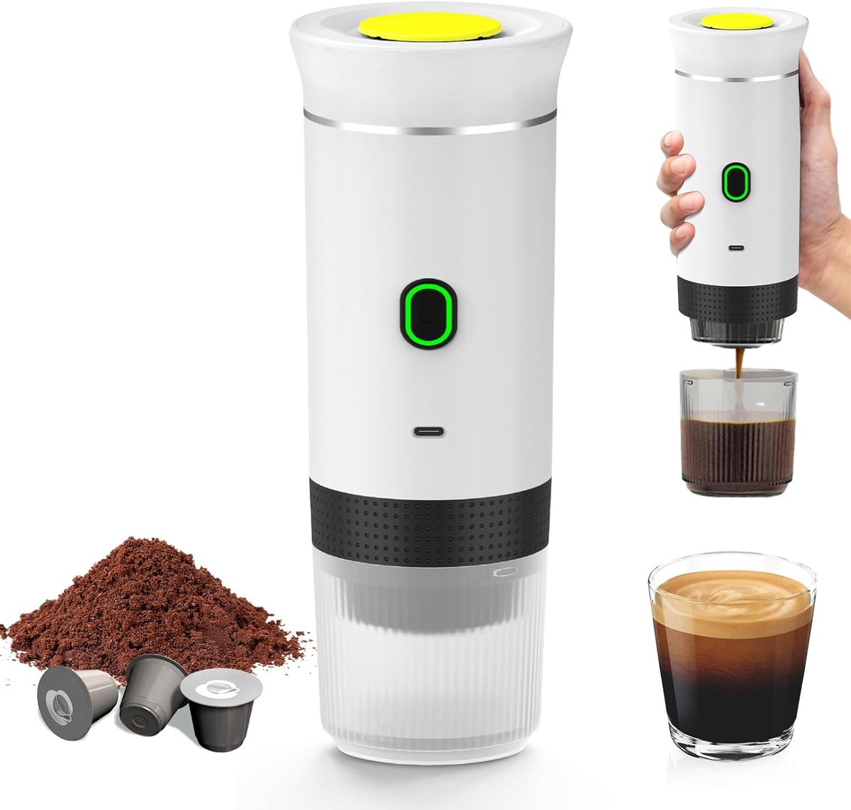 Draagbaar Koffiezetapparaat - 60ml - Capsule Koffie - 12V 6A 72W - Gemalen Koffie - Oplaadbaar - Cups - Auto en Camping - Snelle Verwarming voor Kantoor, Reizen, Camping, Thuis - Wit
