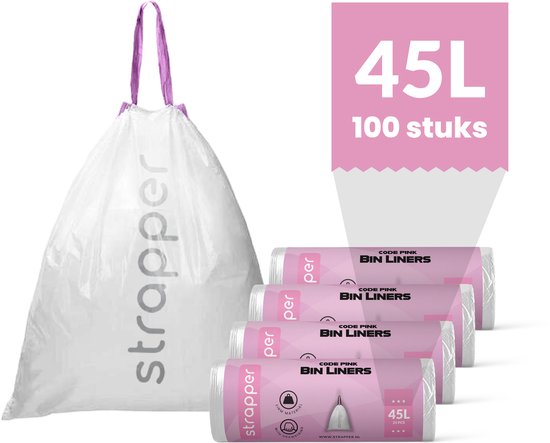 Witte Strapper vuilniszakken met paarse trekkoord. 4 rollen van 25, 45L.