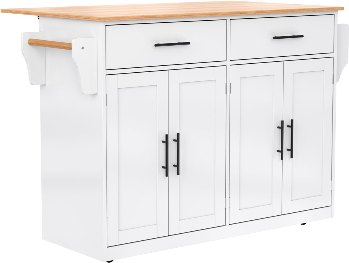 Keukeneiland Verplaatsbare keukenwagen Opbergkast Multifunctionele keukentafel met inklapbaar werkblad 2 lades 2 paar dubbele deuren handdoekhanger en kruidenrek 120x46-70x91cm Wit