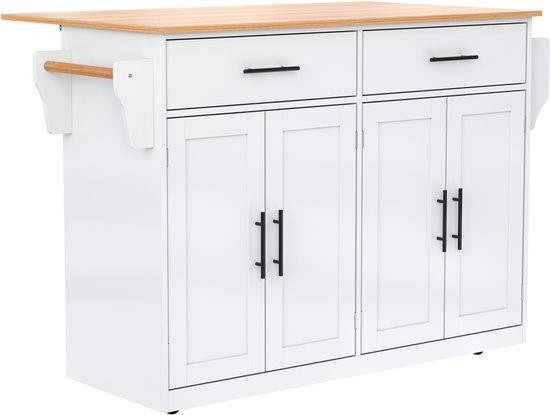 Îlot de cuisine mobile, meuble de rangement, table de cuisine multifonctionnelle avec plan de travail rabattable, 2 tiroirs, 2 paires de portes doubles, porte-serviettes et étagère à épices, 120 x 46-70 x 91 cm, Wit