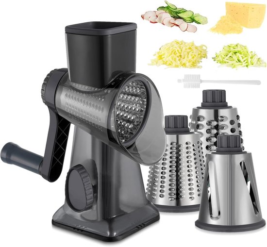 Râpe à fromage BOTC - Râpe à légumes - Râpe 3 en 1 - 3 lames - Pied ventouse puissant - Trancheuse multifonctionnelle - Gris foncé