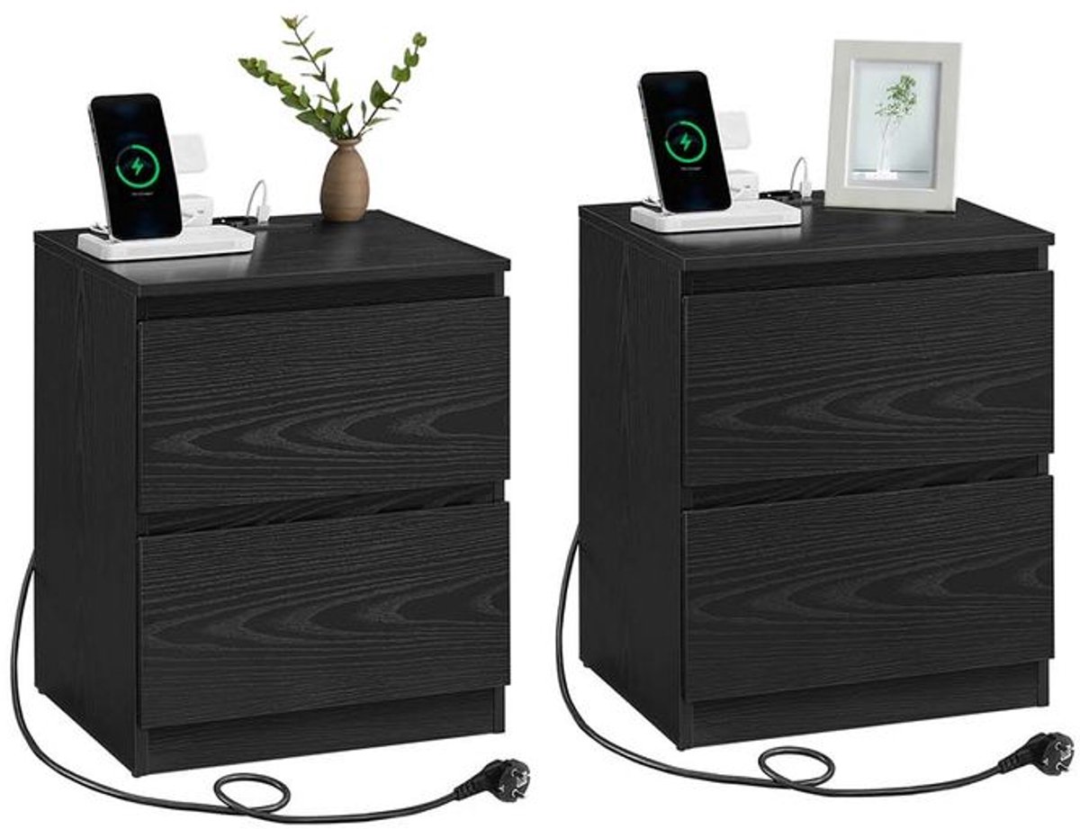 Signature Home Hamilton Nachtkastje met Oplaadstation - bijzettafel set van 2 - 2 lades - 2 stopcontacten - 2 USB-A-poorten - woonkamer - slaapkamer - zwart
