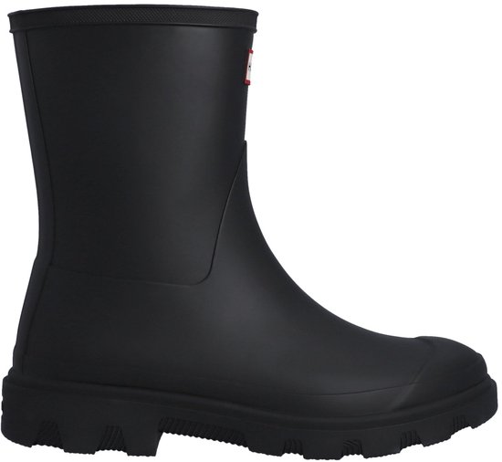 Zwarte Hunter regenlaars met dikke zool en rood/wit logo.