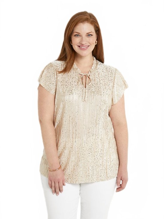 Lang T-shirt met gouden opdruk, korte mouwen