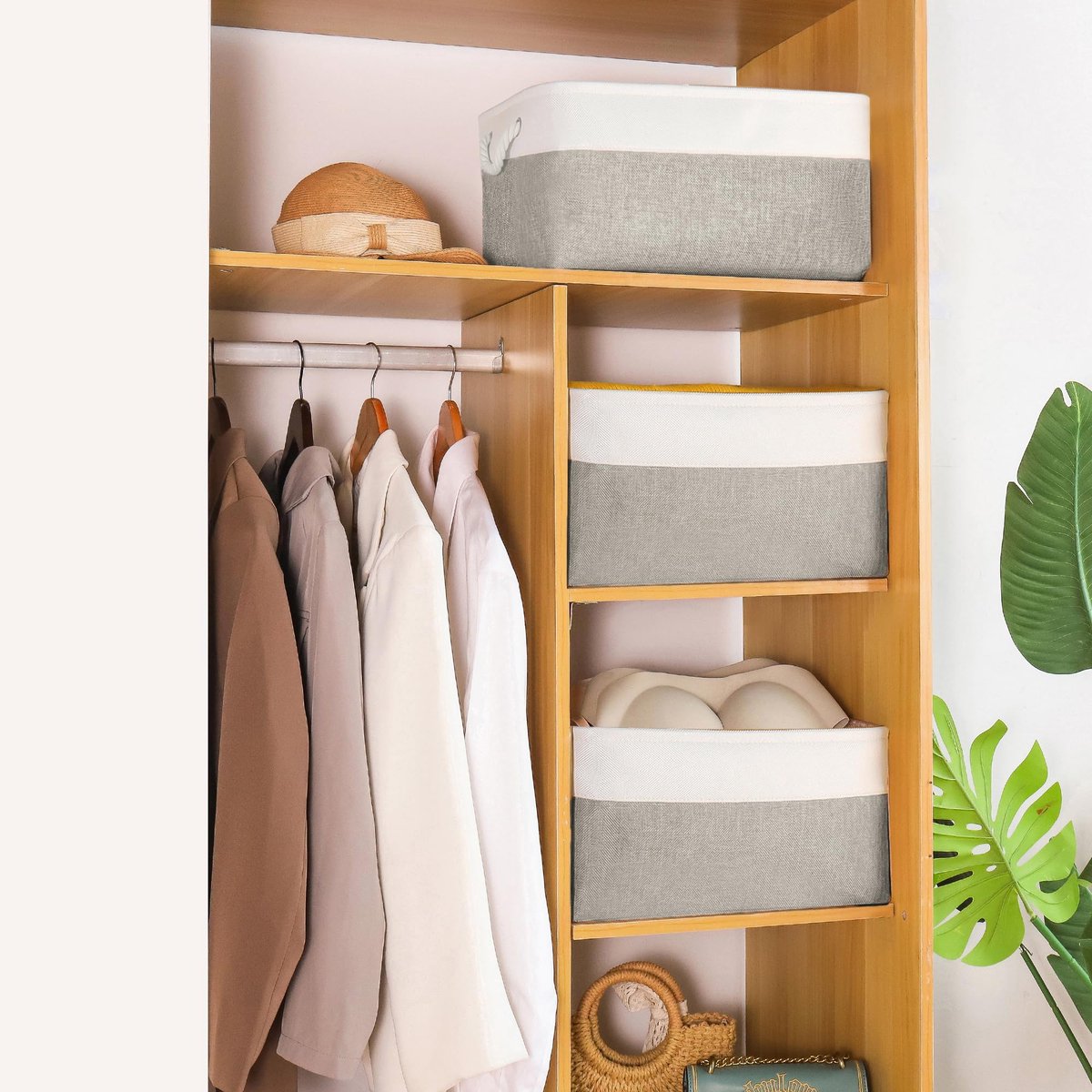 Ibenzoa® Drie Stuks Opvouwbare Stoffen Opbergmanden Met Handgrepen Voor Kleding, Speelgoed En Meer - Grijs-Wit Medium Formaat