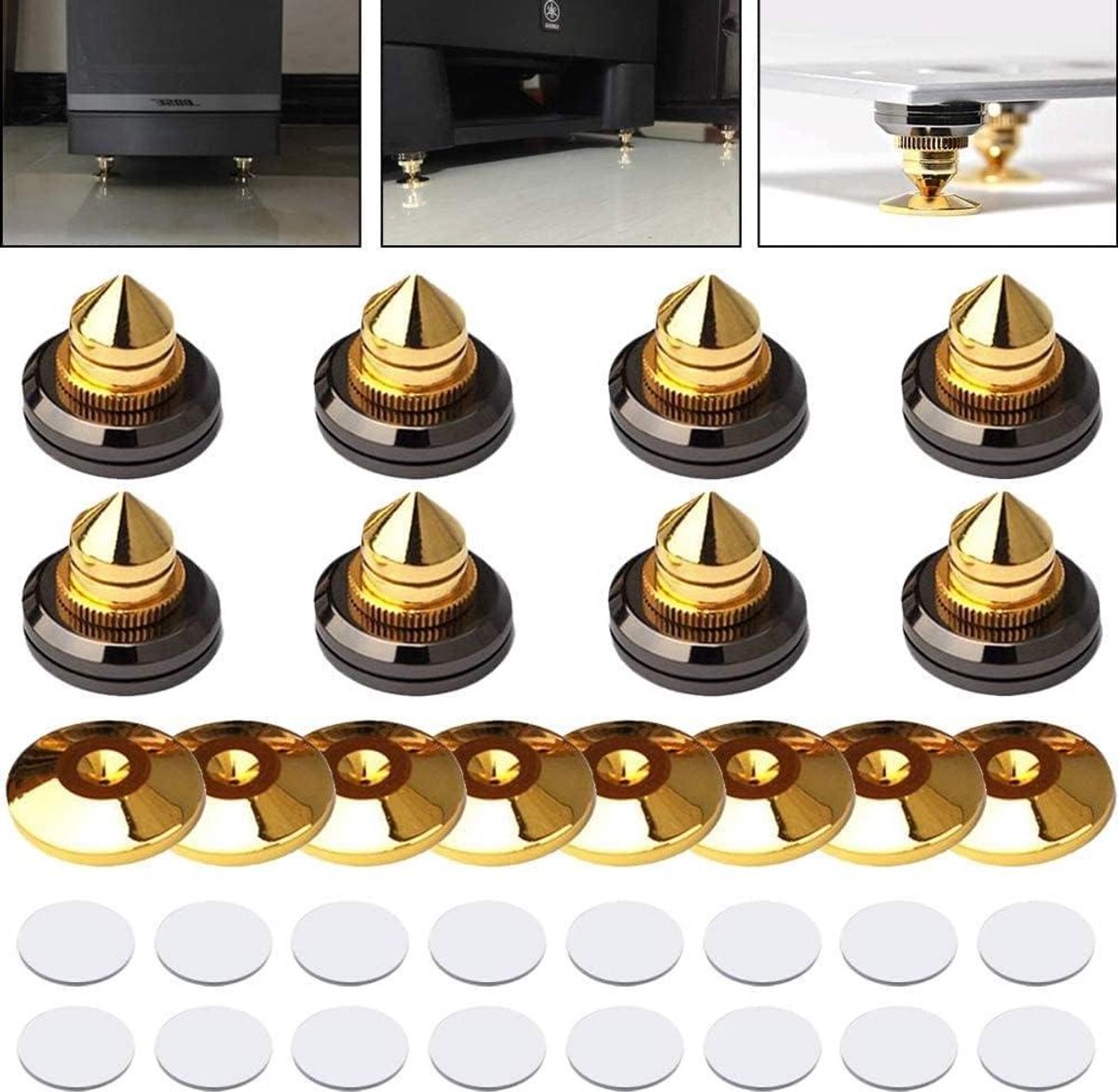 JGS Premium - Set van 8 Vergulde Speaker Spikes voor Audio Systeem, Subwoofer en Versterker met Isolatie Voeten
