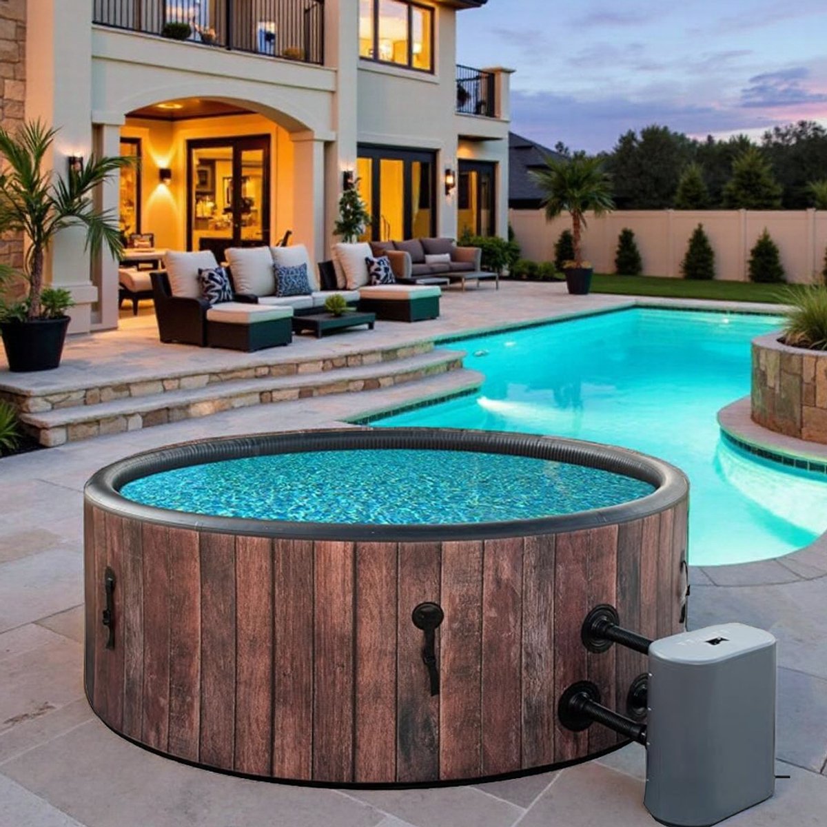 Medahomestore SPA Whirlpool 6 Personen – 930L – 138 AirJets – Opblaasbaar – Houtlook – Voor Buiten – Snel Opgezet – Inclusief Verwarming & Filterpomp
