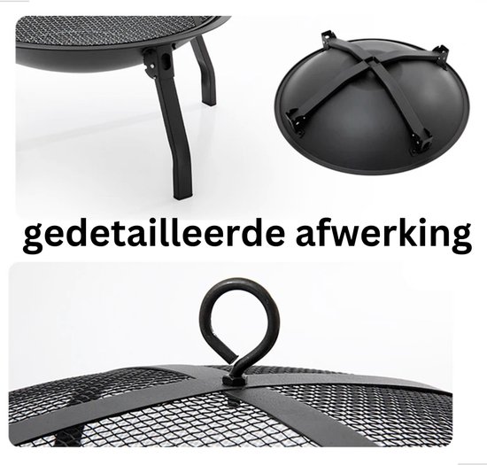Details van de zwarte vuurschaal, inclusief de poten, de onderkant en het deksel met ring.