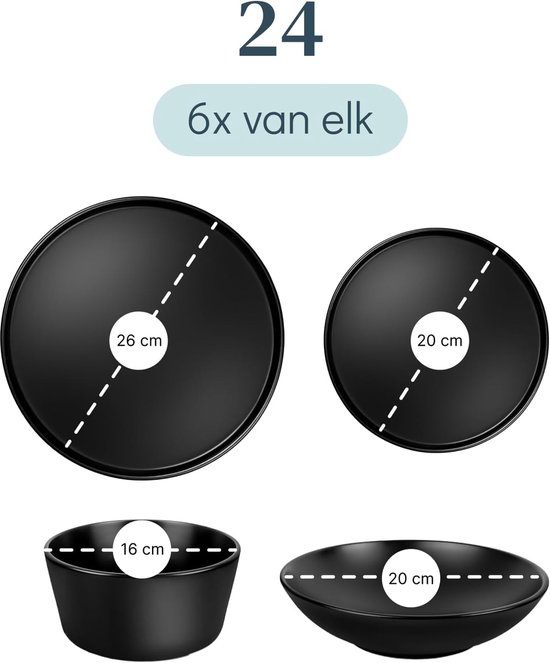 Pure Living Manhattan Serviesset - Mat Zwart - 24-Delig - Voor 6 Personen - Krasvast Aardewerk - Magnetron & Vaatwasserbestendig — afbeelding 2