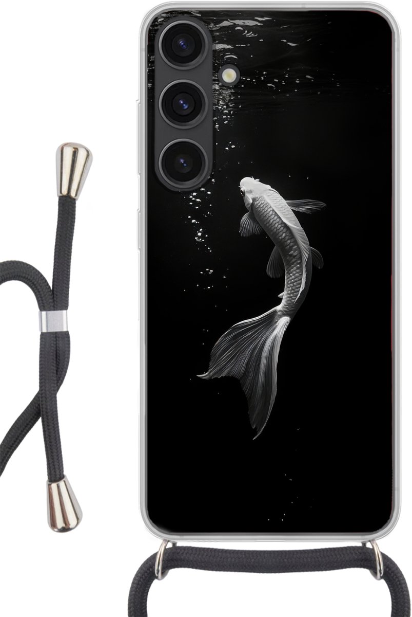 Telefoonhoesje Geschikt voor Samsung Galaxy S24 - Koi - Vis - Wit - Zwart - Siliconen - Crossbody - Backcover met Koord - Telefoonhoesje met koord - Hoesje met touw Telefoonhoesje