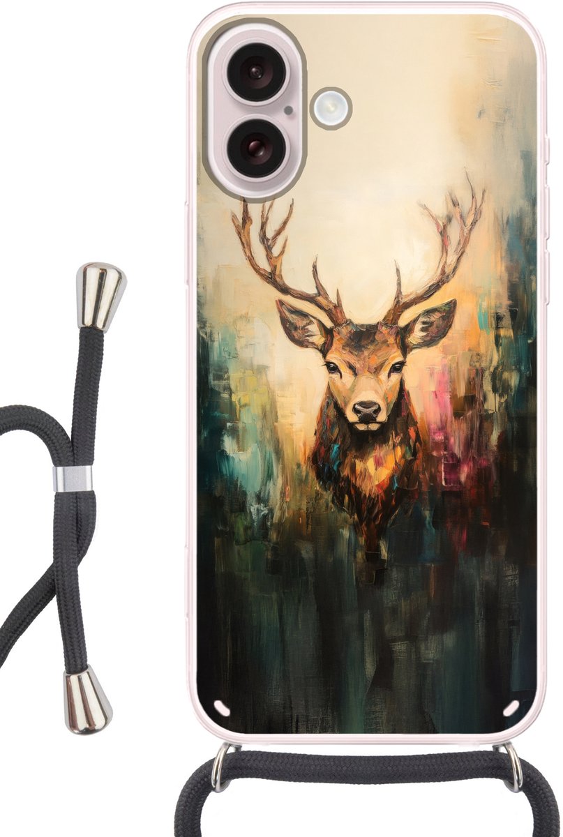 Telefoonhoesje Geschikt voor iPhone 16 - Hert - Geverfd - Gewei - Bruin - Siliconen - Crossbody - Backcover met Koord - Telefoonhoesje met koord - Hoesje met touw Telefoonhoesje
