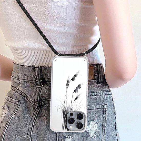 Telefoonhoesje Geschikt voor iPhone 16 Pro Max - Minimalistisch - Stelen - Wit - Siliconen - Crossbody - Backcover met Koord - Telefoonhoesje met koord - Hoesje met touw Telefoonhoesje