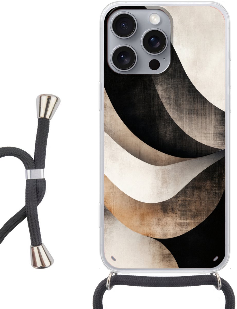 Telefoonhoesje Geschikt voor iPhone 16 Pro Max - Abstract - Golven - Zwart - Verweerd - Siliconen - Crossbody - Backcover met Koord - Telefoonhoesje met koord - Hoesje met touw Telefoonhoesje