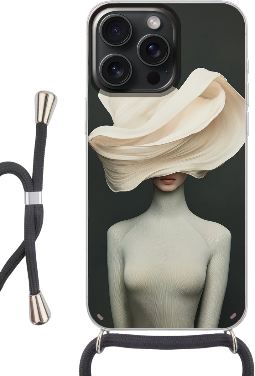 Telefoonhoesje Geschikt voor iPhone 15 Pro Max - Vrouw - Beige - hoed - Siliconen - Crossbody - Backcover met Koord - Telefoonhoesje met koord - Hoesje met touw Telefoonhoesje