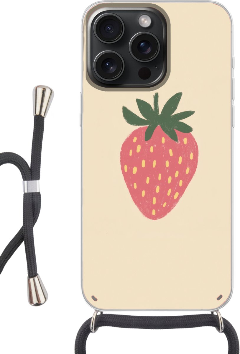 Telefoonhoesje Geschikt voor iPhone 15 Pro Max - Aardbei - Minimalistisch - Rood - Fruit - Siliconen - Crossbody - Backcover met Koord - Telefoonhoesje met koord - Hoesje met touw Telefoonhoesje