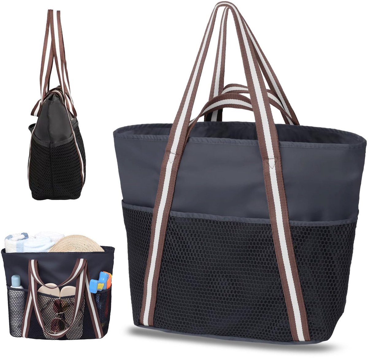 Ibenzoa® Grote strandtas met ritssluiting, waterdichte damestas, zandbestendige strandtas voor het gezin