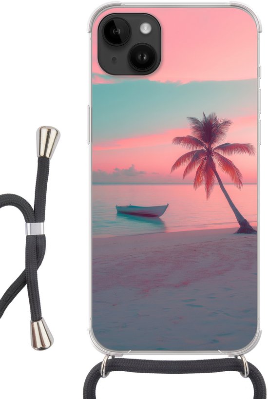 Telefoonhoesje Geschikt voor Apple Iphone 14 Max - Zee - Boot - Zonsondergang - Siliconen - Crossbody - Backcover met Koord - Telefoonhoesje met koord - Hoesje met touw Telefoonhoesje