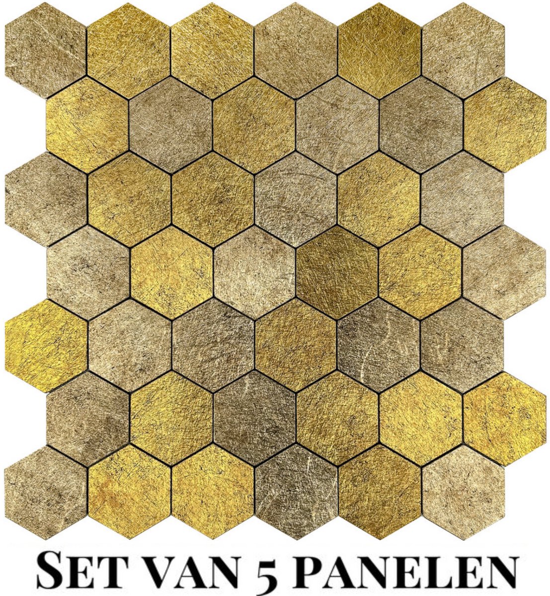 Wallways Wandpanelen - Plaktegels - Set van 5 Tegels - Tegelsticker - Zelfklevende Tegels - 4MM dik - Aluminium toplaag - Waterdicht - Krasbestendig - Hittebestendig - 3M Kleeflaag - Hexagon Honey Stone